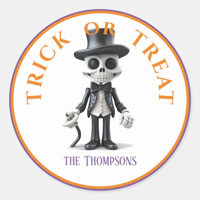  Halloween Trick or Treat Stylish Skeleton in Suit Classic Round Sticker (Front)