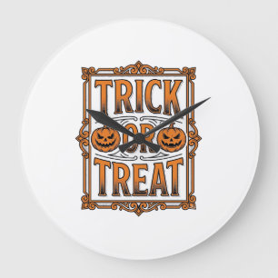 Halloween Trick Treat Pumpkin Skulls Vintage Engra Large Clock