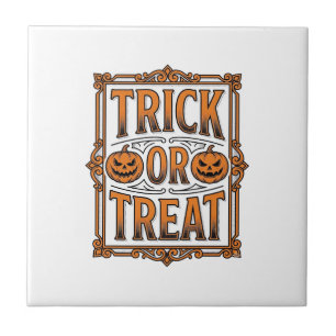 Halloween Trick Treat Pumpkin Skulls Vintage Engra Tile
