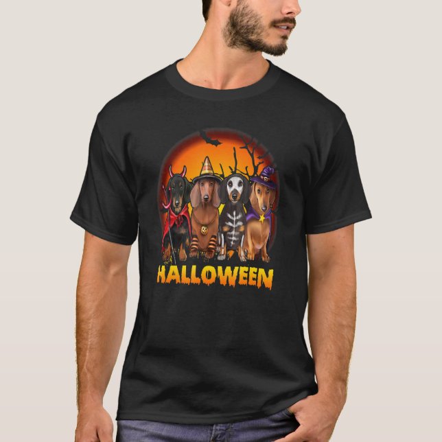 Halloween Trickor Teat Dachshund Dogs T-Shirt (Front)