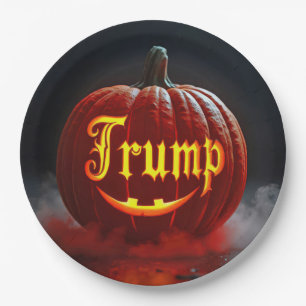 Halloween Trump Jack-o-lantern In Mist Paper Plate