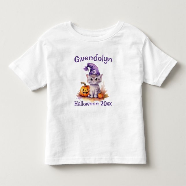 Halloween Tshirt Cute Purple Kitten Witch Hat  (Front)