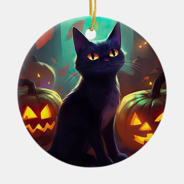Halloween Tuxedo Cat With Pumpkins Scary Ceramic Tree Decoration (Front)