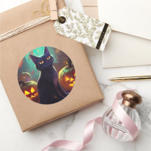 Halloween Tuxedo Cat With Pumpkins Scary Classic Round Sticker