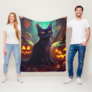 Halloween Tuxedo Cat With Pumpkins Scary Fleece Blanket