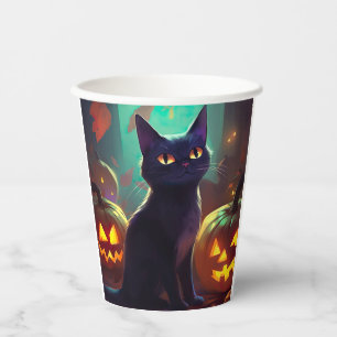 Halloween Tuxedo Cat With Pumpkins Scary Paper Cups