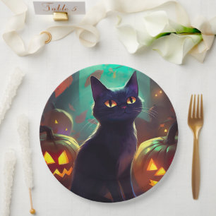 Halloween Tuxedo Cat With Pumpkins Scary Paper Plate