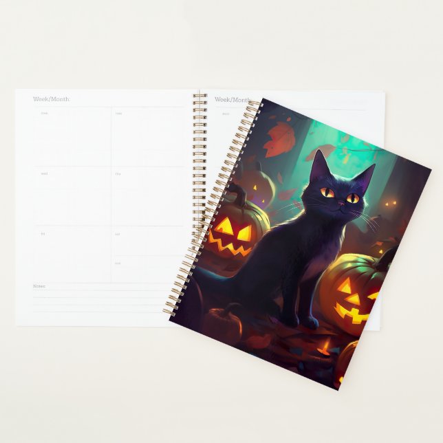 Halloween Tuxedo Cat With Pumpkins Scary Planner (Display)