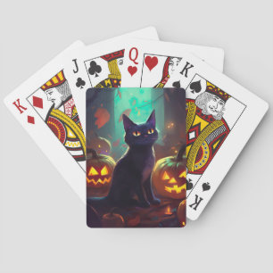 Halloween Tuxedo Cat With Pumpkins Scary Playing Cards