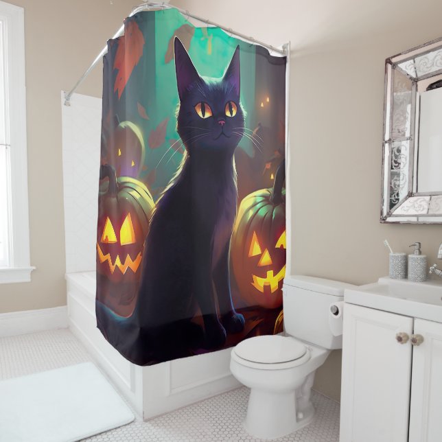 Halloween Tuxedo Cat With Pumpkins Scary Shower Curtain (In Situ)