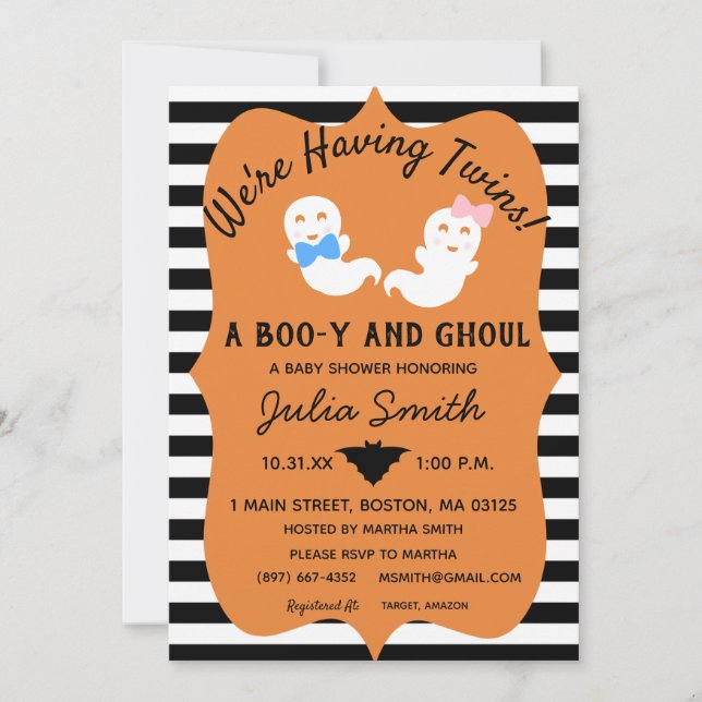 Halloween Twin Gender Reveal Invite Boo-y or Ghoul (Front)