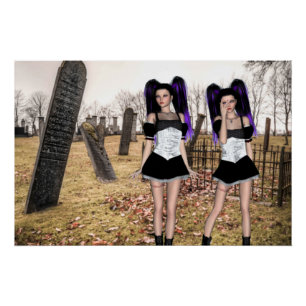 Halloween Twin Goth girls in the cemetary Poster