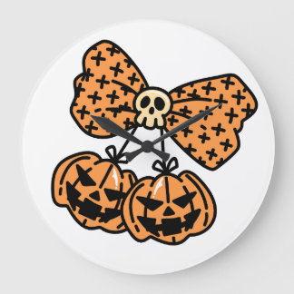 Halloween, Twin Scary Pumpkins with Skull Ribbon Large Clock