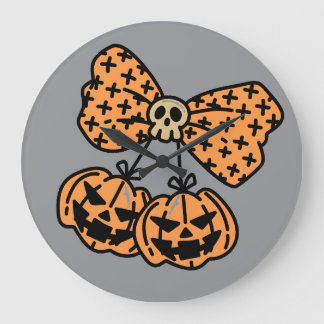 Halloween, Twin Scary Pumpkins with Skull Ribbon Large Clock