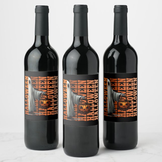 Halloween typography cool ghost pumpkin gift ideas wine label (Bottles)