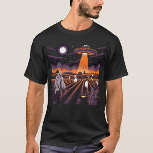Halloween UFO Ghost Cat Pumpkin Night Scene T-Shirt