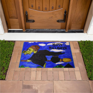 HALLOWEEN UGLY WITCH ON HER BROOM  DOORMAT