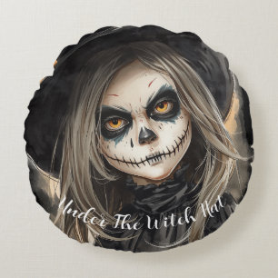 Halloween, Under the Witch Hat, Spooky Creepy  Round Cushion