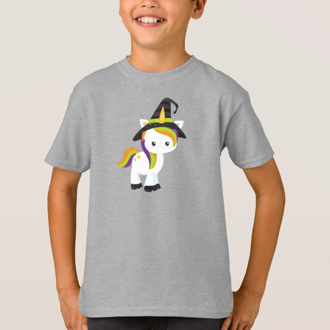 Halloween Unicorn, Cute Unicorn, Witch Hat, Stars T-Shirt (Front)