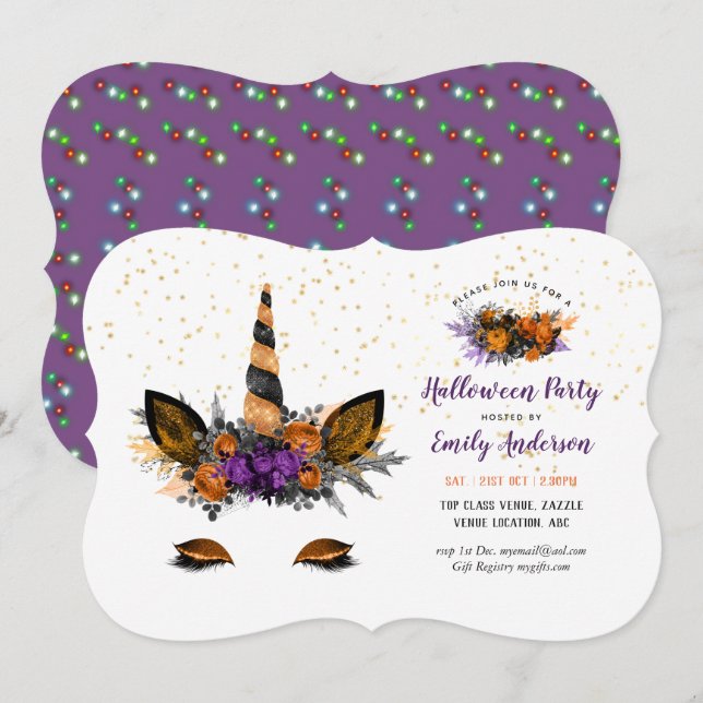 Halloween Unicorn Face Girls Birthday Party Invitation (Front/Back)