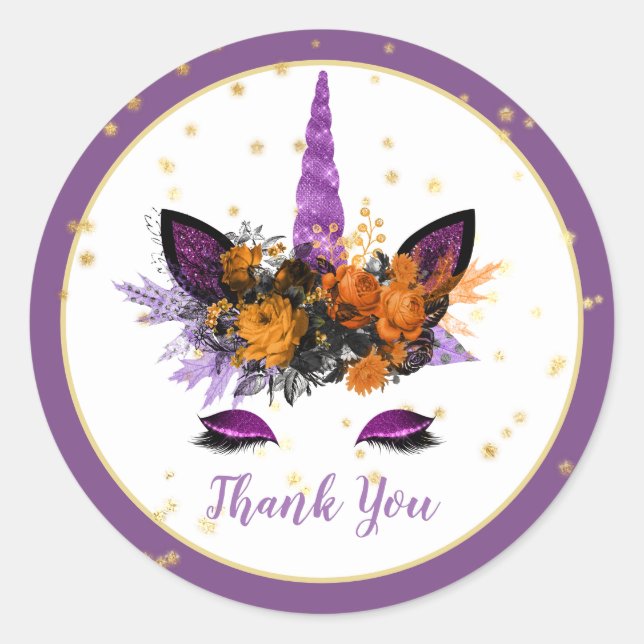 Halloween Unicorn Face Girls Birthday Party Purple Classic Round Sticker (Front)