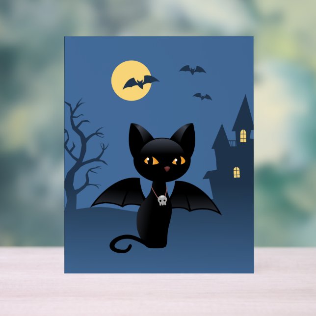 Halloween Vampire Black Cat with Wings Acrylic Sign (Neutral)