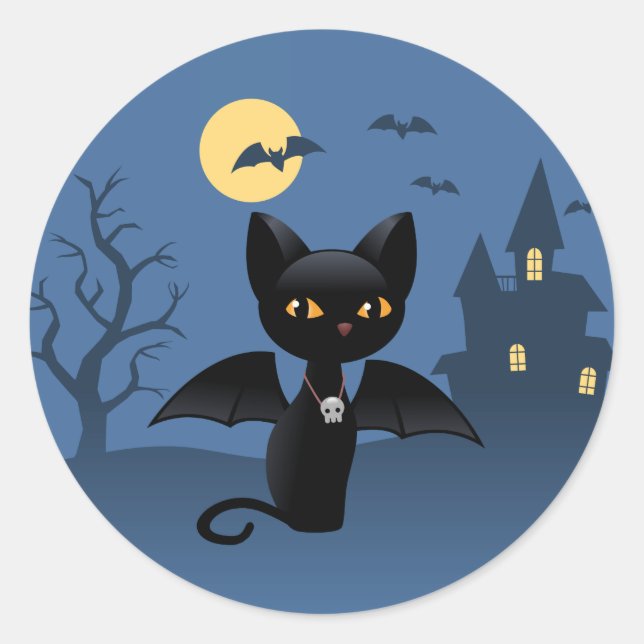 Halloween Vampire Black Cat with Wings Classic Round Sticker (Front)