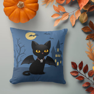 Halloween Vampire Black Cat with Wings Cushion