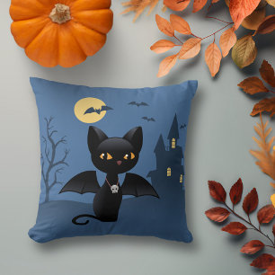 Halloween Vampire Black Cat with Wings Cushion