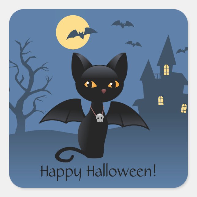 Halloween Vampire Black Cat with Wings Square Sticker (Front)