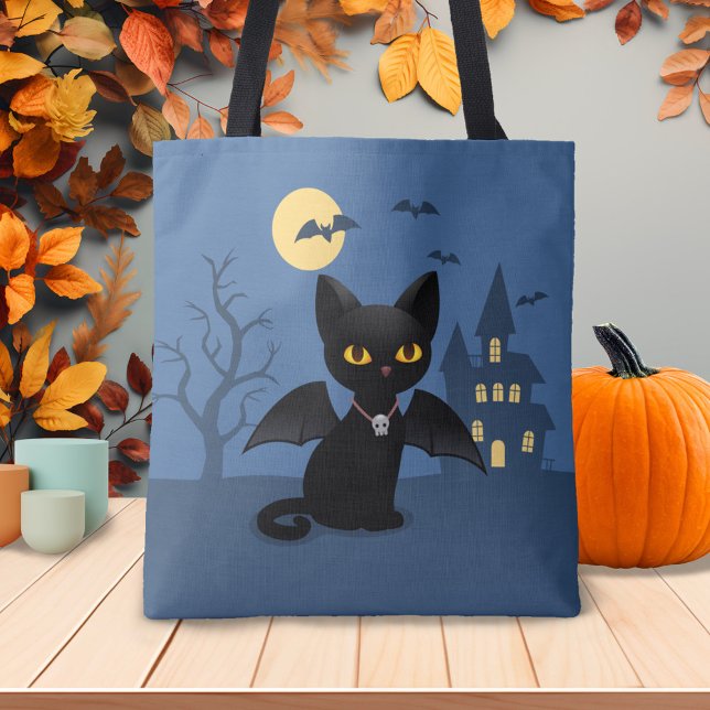 Halloween Vampire Black Cat with Wings Tote Bag (Creator Uploaded)