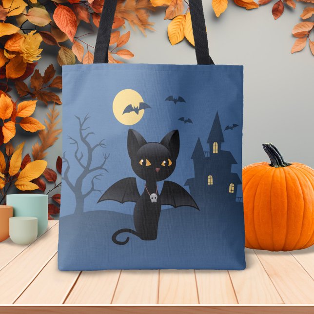 Halloween Vampire Black Cat with Wings Tote Bag (Creator Uploaded)