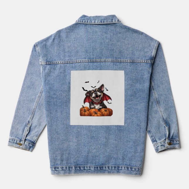 Halloween Vampire Dog with Pumpkins Classic T-Shir Denim Jacket (Back)