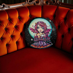 Halloween Vampire Fairy with Two Cats Round Cushion