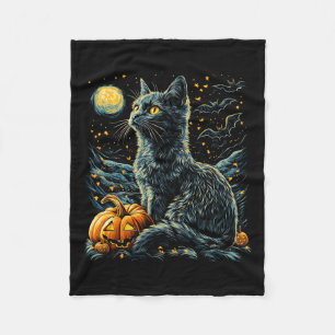 Halloween Van Gogh Starry Night Black Cat Pumpkins Fleece Blanket