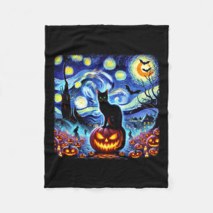 Halloween Van Gogh Starry Night Black Cat Pumpkins Fleece Blanket
