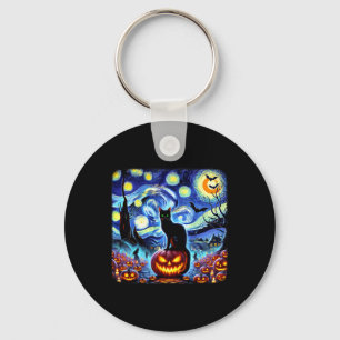 Halloween Van Gogh Starry Night Black Cat Pumpkins Key Ring