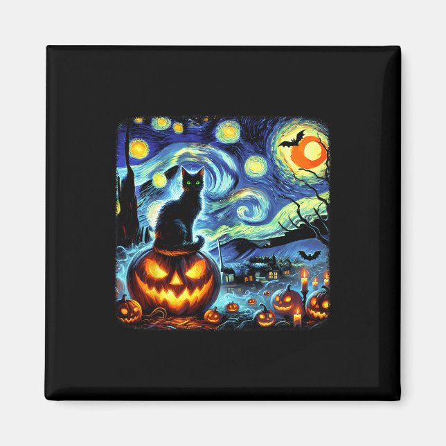 Halloween Van Gogh Starry Night Black Cat Pumpkins Magnet (Front)