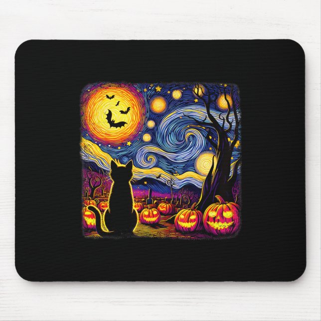 Halloween Van Gogh Starry Night Black Cat Pumpkins Mouse Pad (Front)