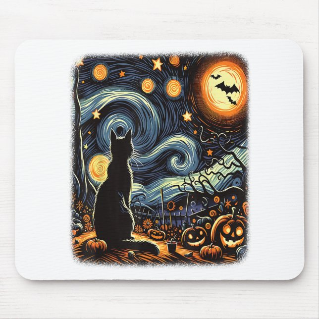 Halloween Van Gogh Starry Night Black Cat Pumpkins Mouse Pad (Front)