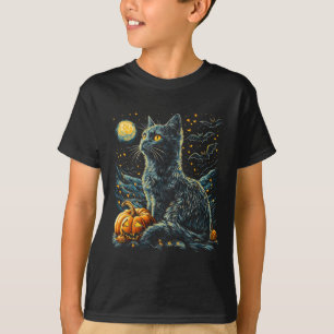 Halloween Van Gogh Starry Night Black Cat Pumpkins T-Shirt