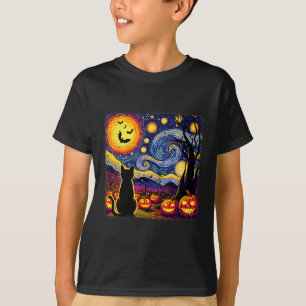 Halloween Van Gogh Starry Night Black Cat Pumpkins T-Shirt