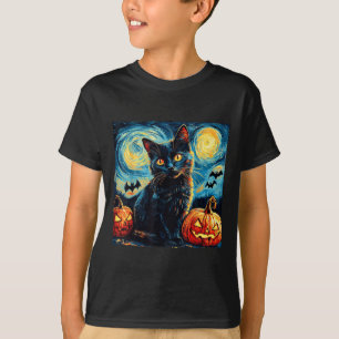 Halloween Van Gogh Starry Night Black Cat Pumpkins T-Shirt