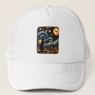 Halloween Van Gogh Starry Night Black Cat Pumpkins Trucker Hat