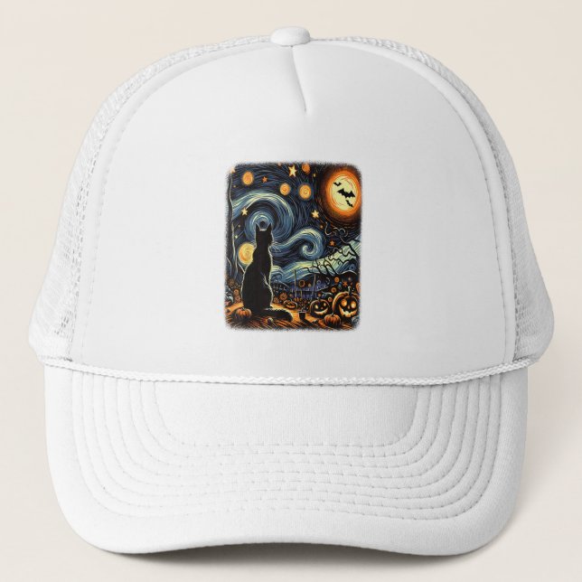 Halloween Van Gogh Starry Night Black Cat Pumpkins Trucker Hat (Front)