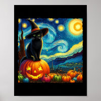 Halloween Van Gogh Starry Night Black Cat Witch Ha