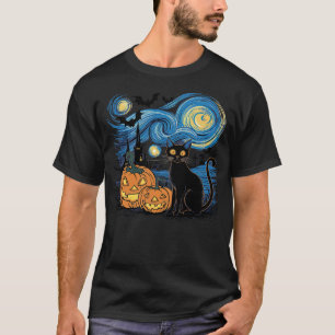 Halloween Van Gogh Starry Night Pumpkin Black Cat  T-Shirt