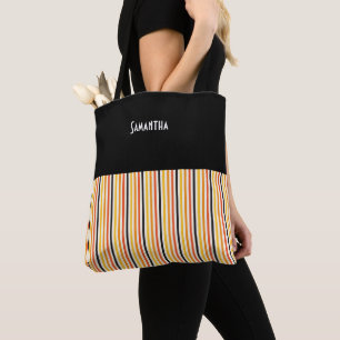 Halloween Vertical Stripe Orange Black Gold Name Tote Bag