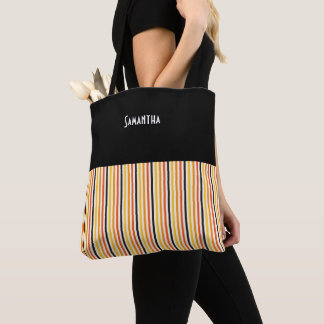 Halloween Vertical Stripe Orange Black Gold Name Tote Bag