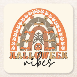 Halloween Vibes Boho Rainbow Fall Halloween Mason Square Paper Coaster